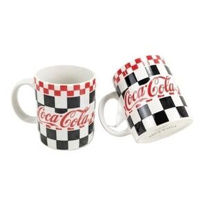 2x Vintage Coca-Cola Coke Checkered Coffee‎ Mug Cup Gibson Red White Black 1996